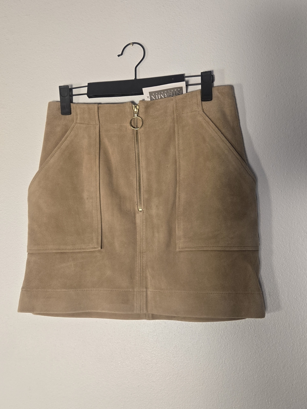 INTERMIX Tan Suede Zip-Front Mini Skirt Brown Magda Suede